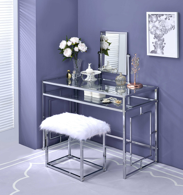 Carenze II White Faux Fur & Chrome Vanity Set image